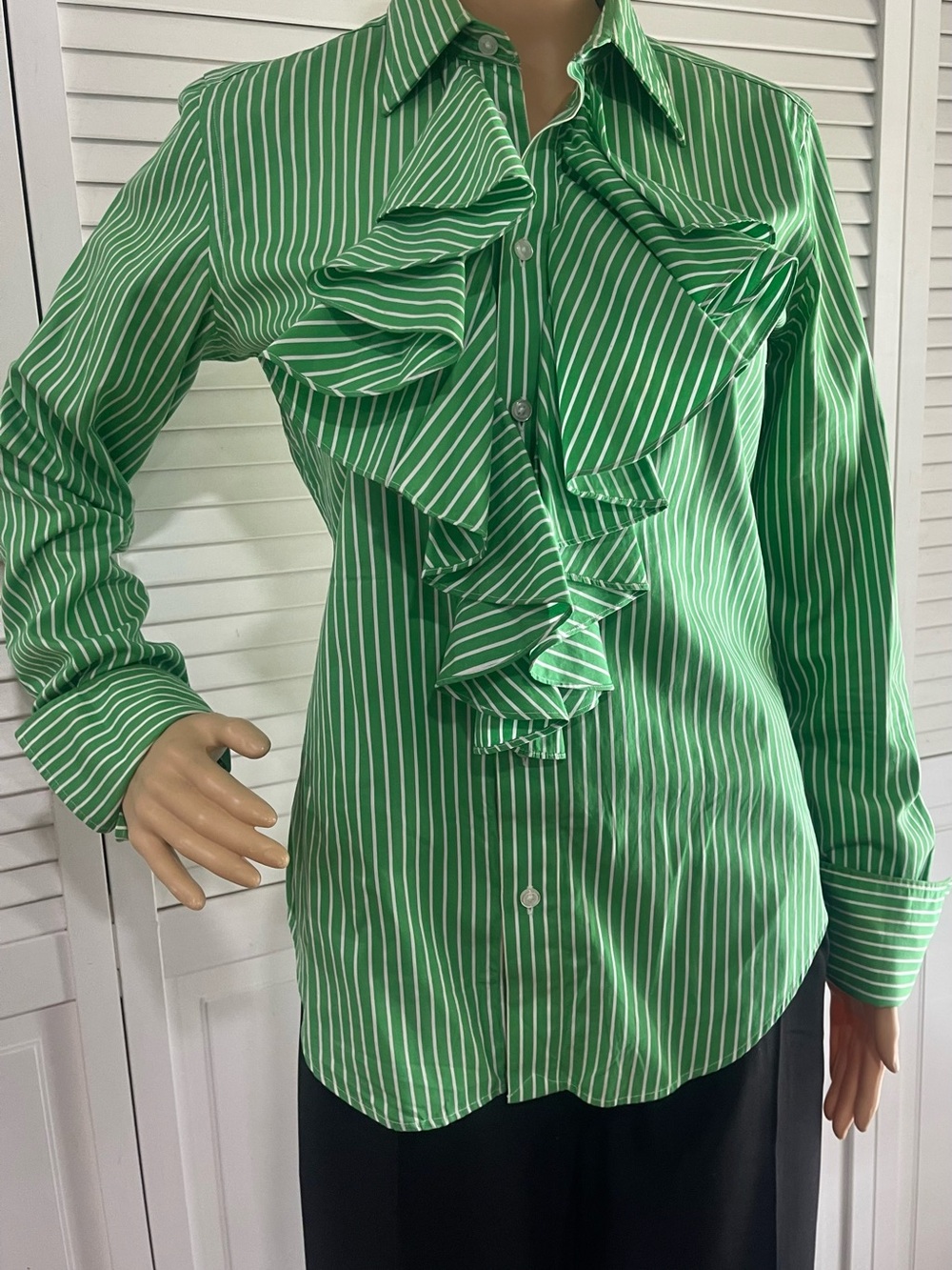 Ralph Lauren Green and White Striped Ruffle Button-Down Shirt - Picture 2 of 5